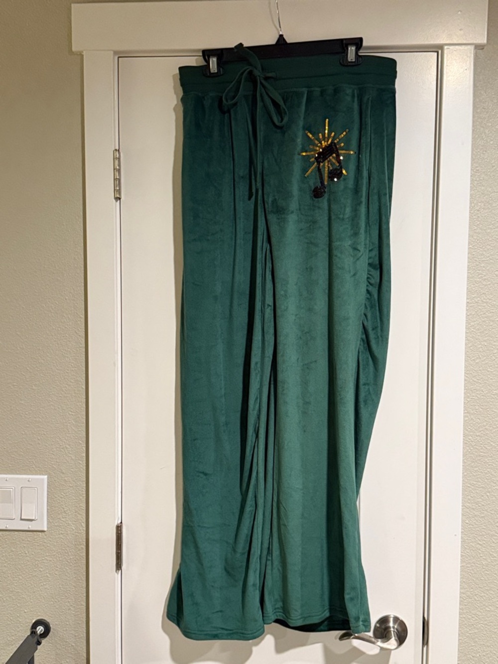 Miss Chievous Forest Green Velour Lounge Pants with Embroidered Music Label